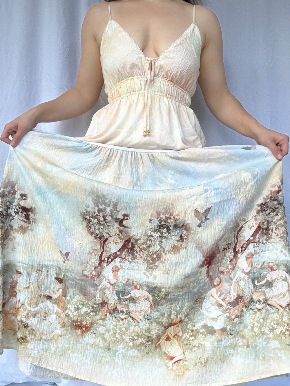 IRIS MAXI Pastoral Scenic Print Maxi Dress M Cottagecore Romantic Empire Waist - Picture 3 of 9